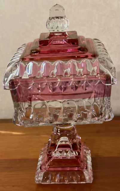 Vintage Westmoreland Cranberry Glass Square Wedding Box with Lid Pedestal Candy