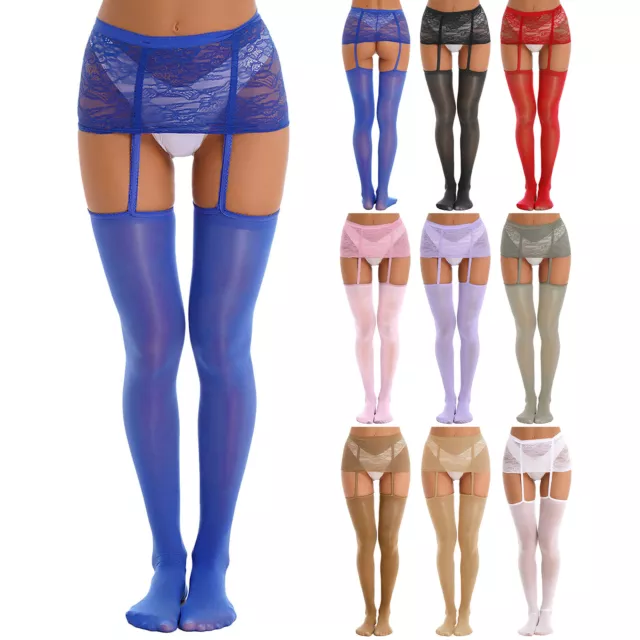 UK Womens Sexy See Through Mini Skirt Thigh High Stockings+Suspender Garter Belt