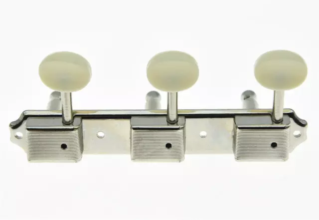 Vintage 3x3 Guitar Tuning Keys 3 on a Plate Tuners Nickel w/ Aged White 3