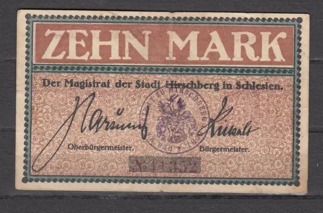 Hirschberg - Stadt - 10 Mark - Geiger 235.01a) - mit KN 5st - mit Stempel