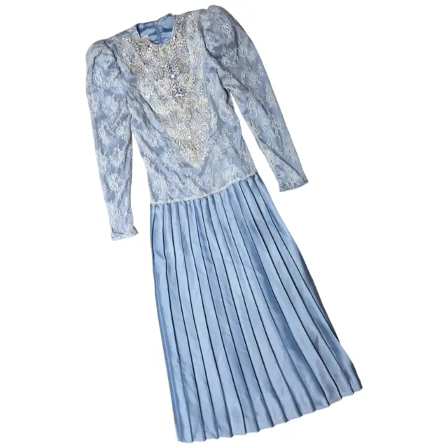 Vtg 1980s Scott McClintock Sky Blue Pleated Satin Lace Long Sleeve Midi Dress 4