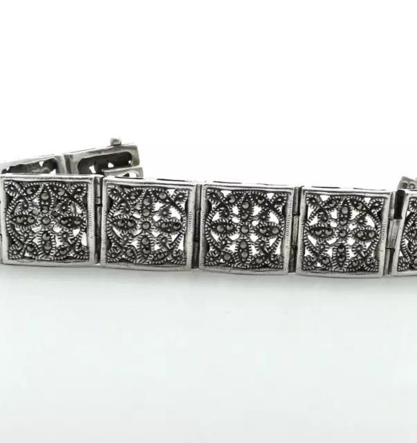 Charles Winston Sterling Silver Marcasite Link Bracelet Floral Wide