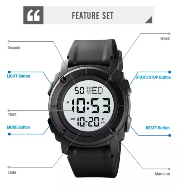 Digitale Sport Herren Outdoor Armbanduhr 5Bar Wasserdicht Alarm Stop Uhr 3