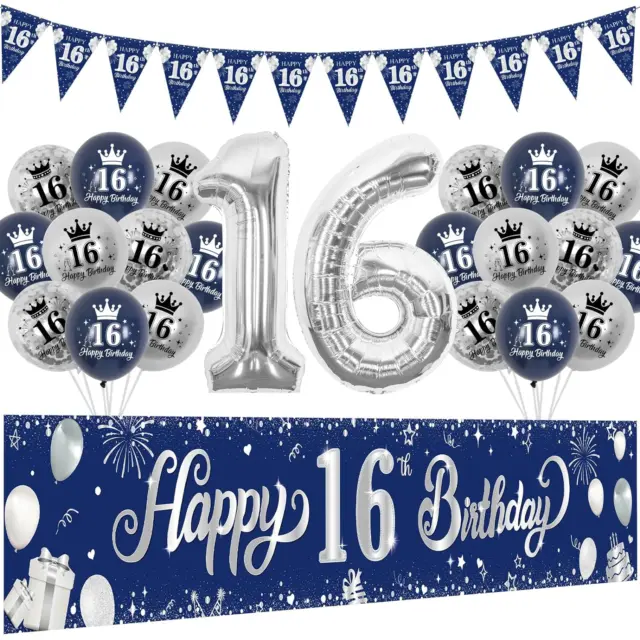 Fangleland 16th Birthday Decorations for Boys Girls, Navy Blue and Silver Happy