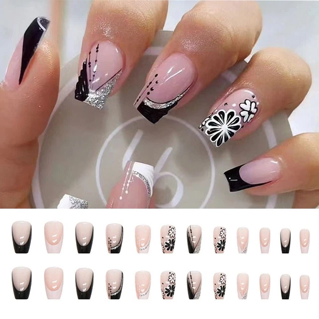 Press on Nails fai da te copertura completa ballerina unghie finte corte fiori dolci francesi