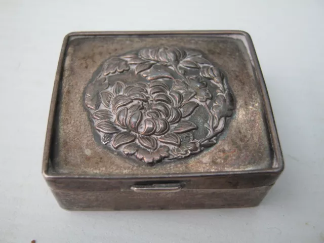 Antique Chinese Export Silver Stamp Box With Chrysanthemum Detailing