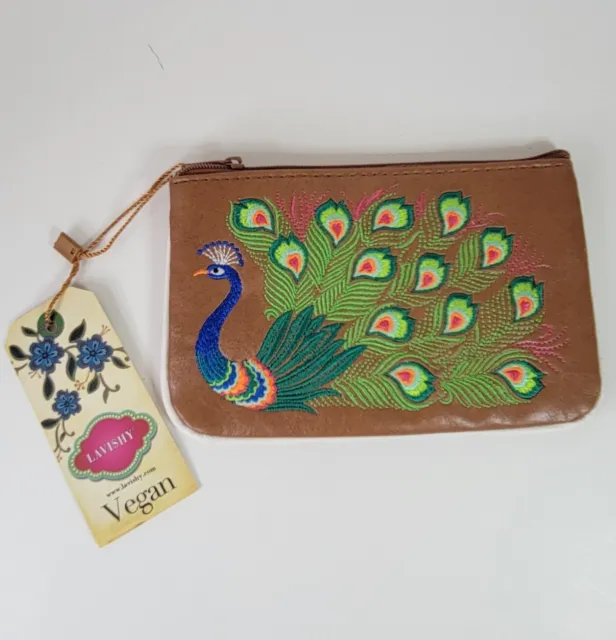 Lavishly Vegan Peacock Purse Change 6 x 4" Embroidered Colorful Bird
