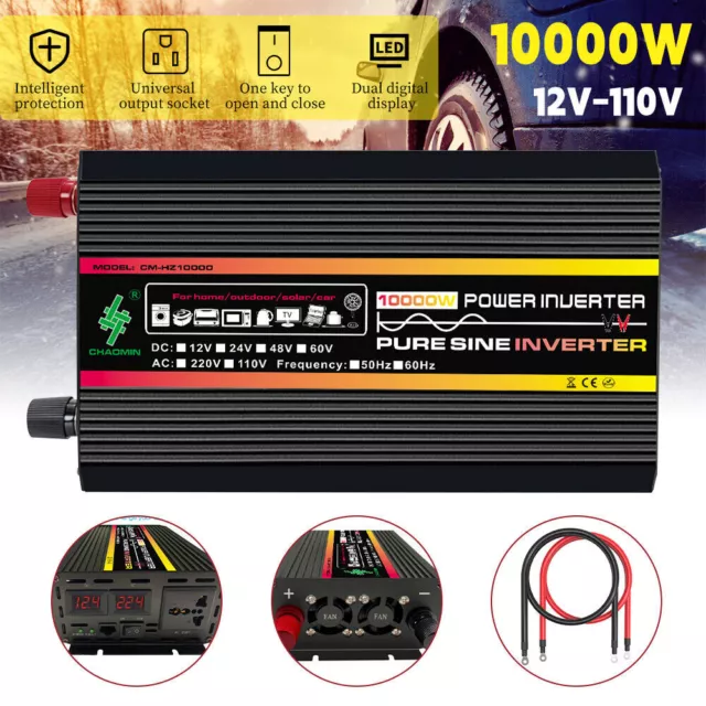 10000W Car Power Inverter Pure Sine Wave DC12V to AC220V RV Solar LCD Converter