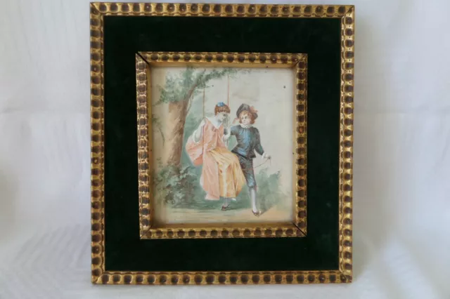 Tableau Ancien Peinture Sur Soie Cadre Dorure A La Feuille