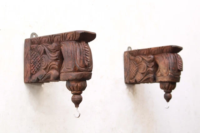 Wooden Wall Bracket Pair Lamp / Plant Hanger Small Corbel Vintage / Antique Deco