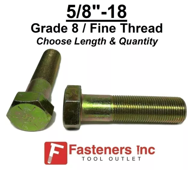 5/8-18 Hex Bolt Yellow Zinc Grade 8 Cap Screw Fine Thread (Choose Size & Qty)