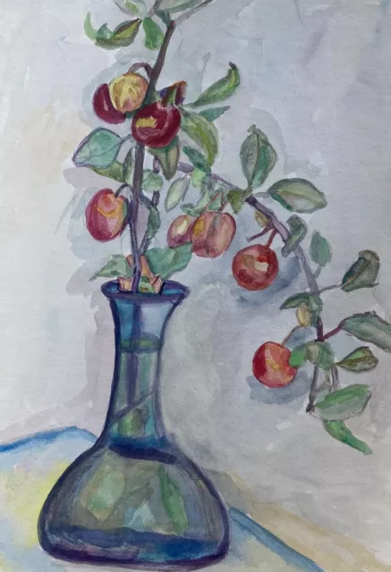 Flower Still Life Twig Peach Apricots Plum IN Glass Vase