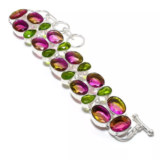 Bicolore Tourmaline, Gemme Péridot 925 Argent Sterling Bracelet 17.8-20.3cm T760