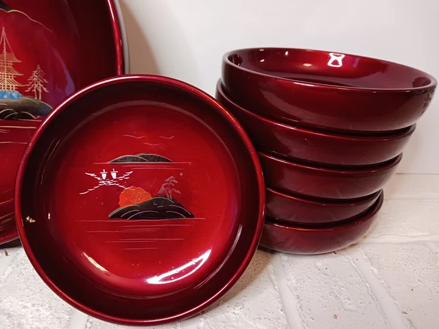 Vintage Red Lacquered Japanese Style 7 Piece Serving Bowl Set 2