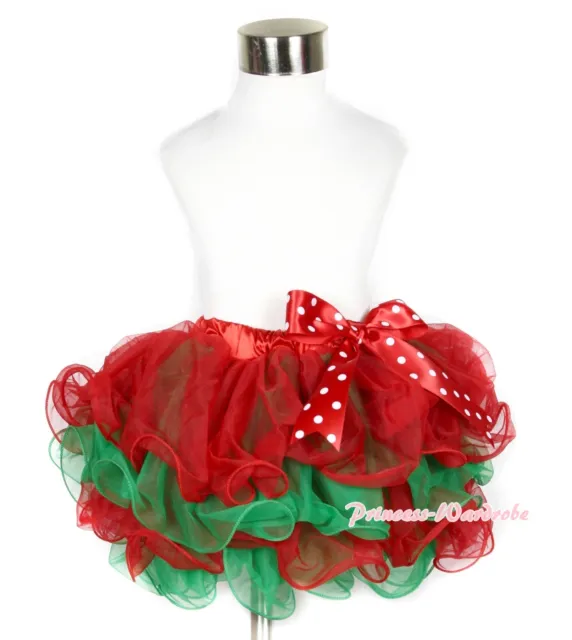 XMAS Baby Girl Hot Red Kelly Green Petal Pettiskirt with Red White Dot Bow NB-8Y