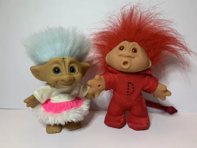 2 Troll Dolls Dam & Ace Toys Collectable & Vintage Devil Red & Blue Hair 1980s