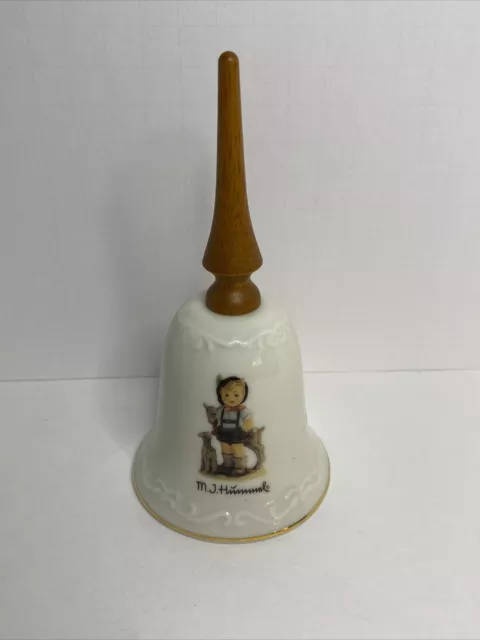 MJ Hummel Little Goat Herder Bell With Wooden Handle And Gold Trim