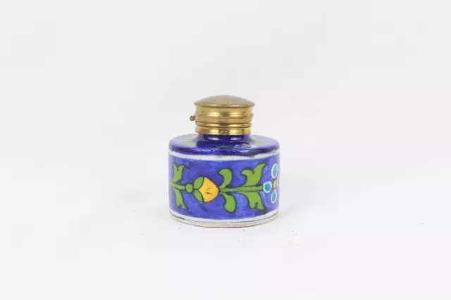 Ceramic Ink Pot Vintage Indian Blue Pottery Floral Art Design Brass Cap Ink Well