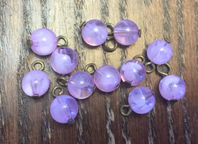Vintage Old Brass Loop Lavender Swirl Round Lucite Bead Drop Charms Lot