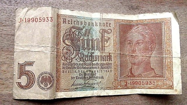 Funf GERMAN FUNF REICHSMARK Banknote1939 - 1942 Rare Ww2 Vintage Money £19. ...