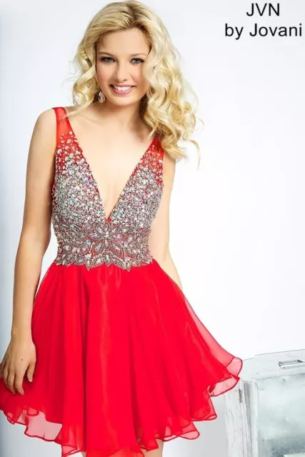 Jovani Homecoming Dress Red Plunging Neck Beaded Sequin Embellished NWT Size 12