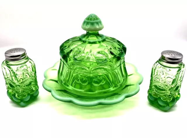 Mosser Glass Opalescent Cherry Cable Pattern Butter Dish Lid Salt Pepper Shakers