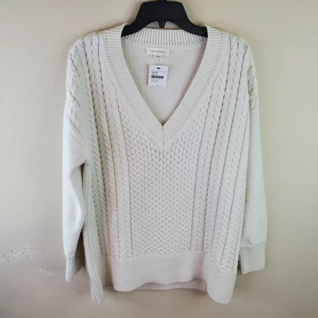 Treasure & Bond Womens Ivory Cable Knit V-Neck Sweater