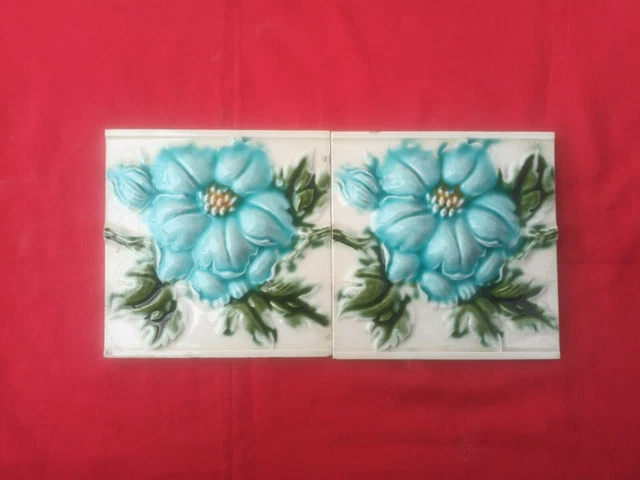 2 Piece Old Art Embossed Flower Design Majolica Ceramic Tiles Japan 0089 2