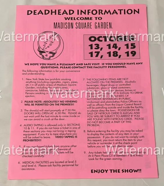 GRATEFUL DEAD concert FLYER DEADHEAD INFORMATION nyc MADISON SQUARE GARDEN msg