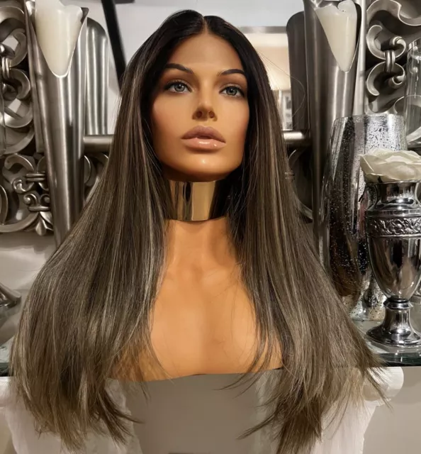 Brown Human Hair Blend Highlights Lace Wig Centre Part brown Lace wig long hair