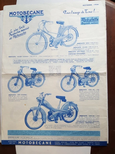 Moto MOTOBECANE Ciclomotore Motociclette Pubblicità Originale Ottobre 1956