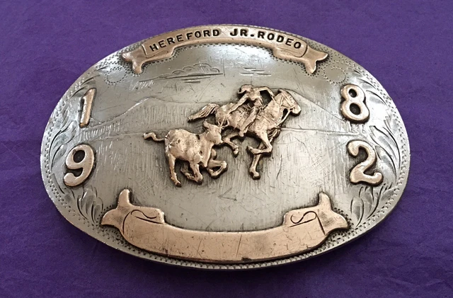 Vintage 1982 Hereford Jr Rodeo COMSTOCK Silversmiths Cowboy Trophy Belt Buckle