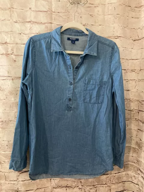 Old Navy Shirt Women's Medium Chambray Blue Long Sleeve Collared Button Front