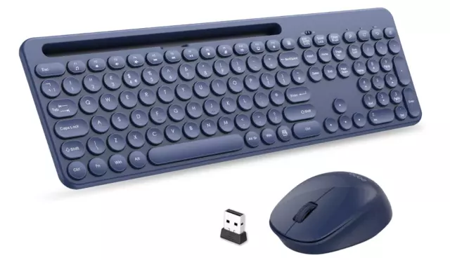 2.4GHz Wireless Slim Keyboard Mouse Set Phone Holder For PC Laptop Full-Size blu