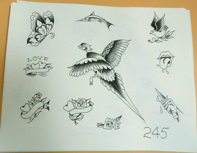 De colección - Máquina de fotos Spaulding Rogers Tatuaje Tatuaje Flash Hoja 245 Amor Pájaro Puñalada