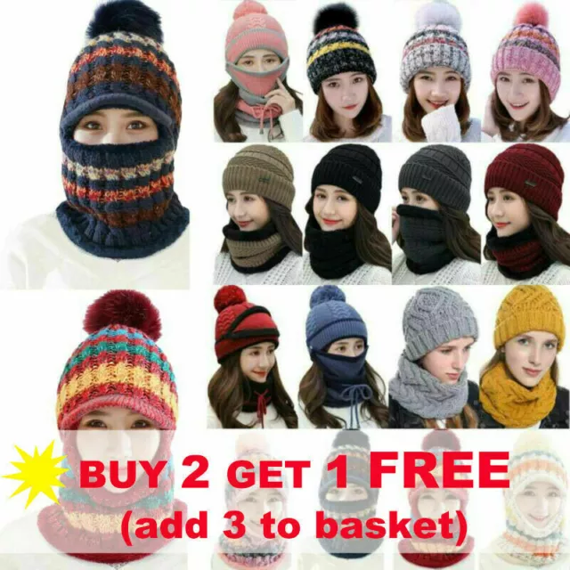 Women Winter Warm Knitted Beanie Hat With Scarf Neck Warmer Wooly Ski Snow Cap