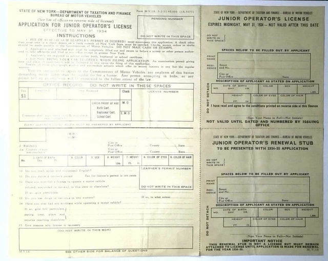 VINTAGE 1934 APPLICATION New York Vehicle Registration Junior Driver's