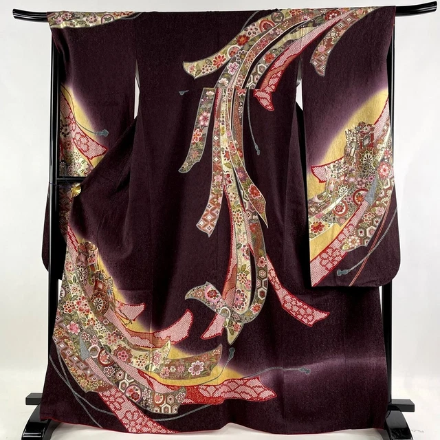 Japanese kimono SILK"FURISODE" Silver thread woven,Gold leaf,Plants,L5' 6"..3466