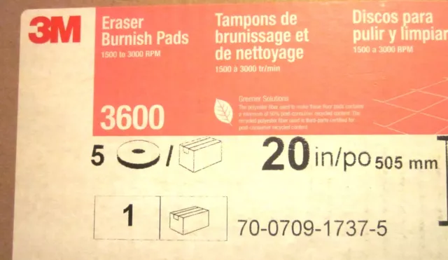 3M 3600 Eraser Burnish Pad - 20In., 505mm - 5 pads -  New