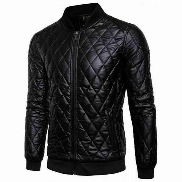 Men Genuine Lambskin Leather Diamond Cut Quilted Ribbed Moto Black Coat Jacket