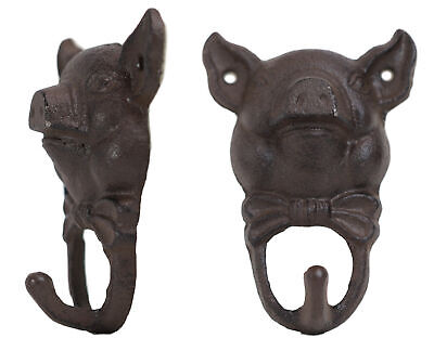 Cast Iron Farmhouse Rustic Butler Pig Head with Bowtie Wall Coat Hook Pack Of 2
