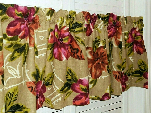 Curtain Valance Tropical Tribal Flowers Leaf Beige Wine Green Black Brown 52x14