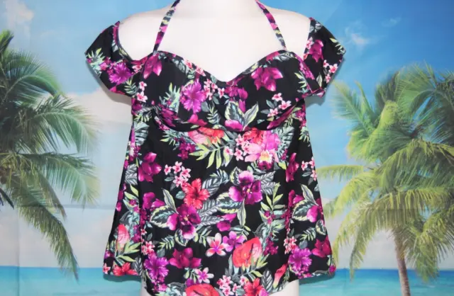 Smart & Sexy Tankini Bathing Suit Top 40D Black Floral Tie Back Accent Ruffle
