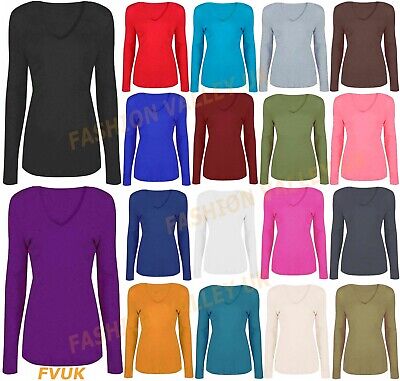 Womens Long Sleeve Plain Tee T Shirt V Neck Top Ladies Stretch Basic Top 8-26