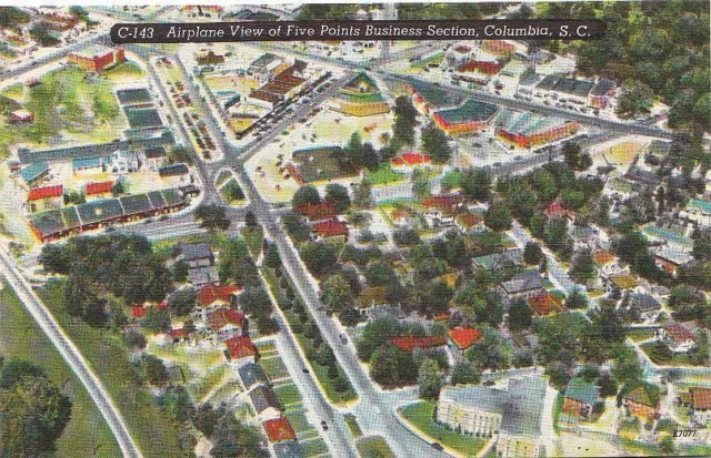 Postcard Airplane View of Five Points Business Section Columbia SC