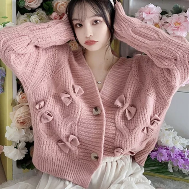 Japanese women Lolita pink knitted jacket sweater loose retro cardigan Coat swee