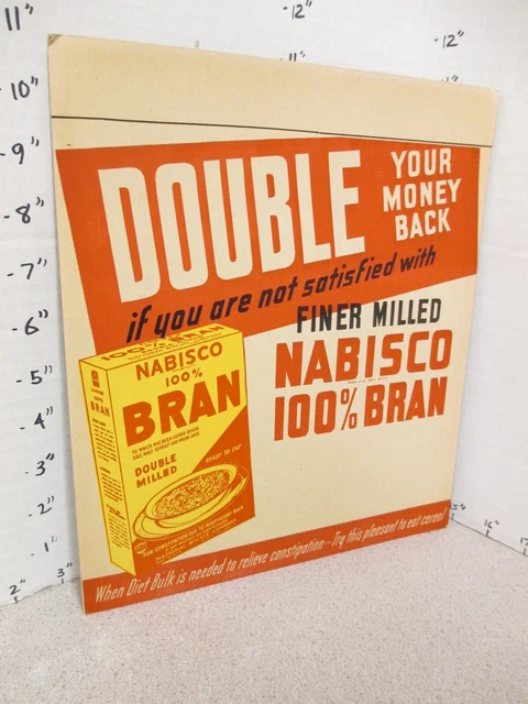 NABISCO 1940s grocery store display sign 100% BRAN cereal box constipation cure