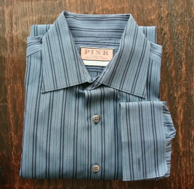 Thomas Pink Mens Size 16 Dark Blue Striped 100% Cotton French Cuff Dress Shirt