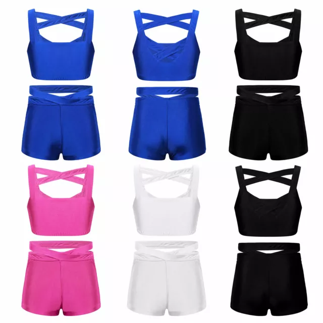 Kids Girls Straps Cross Front Tank Top Shorts Sets Sports Gym Pilates Sportswear
