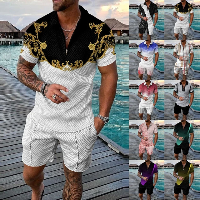 Men Hawaiian Shirts Shorts Set Zipper Summer Beach Holiday Casual 2Pcs Tracksuit